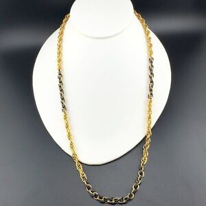 Estate Long Monet Gold Tone Black Enamel Rope Chain Necklace vintage